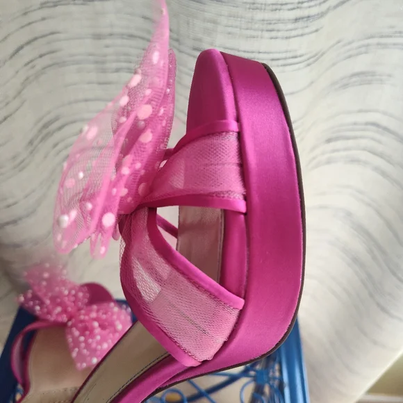 Betsey Johnson Hot Pink Tulle Bow Slingback Heels peep toe - Picture 15 of 16